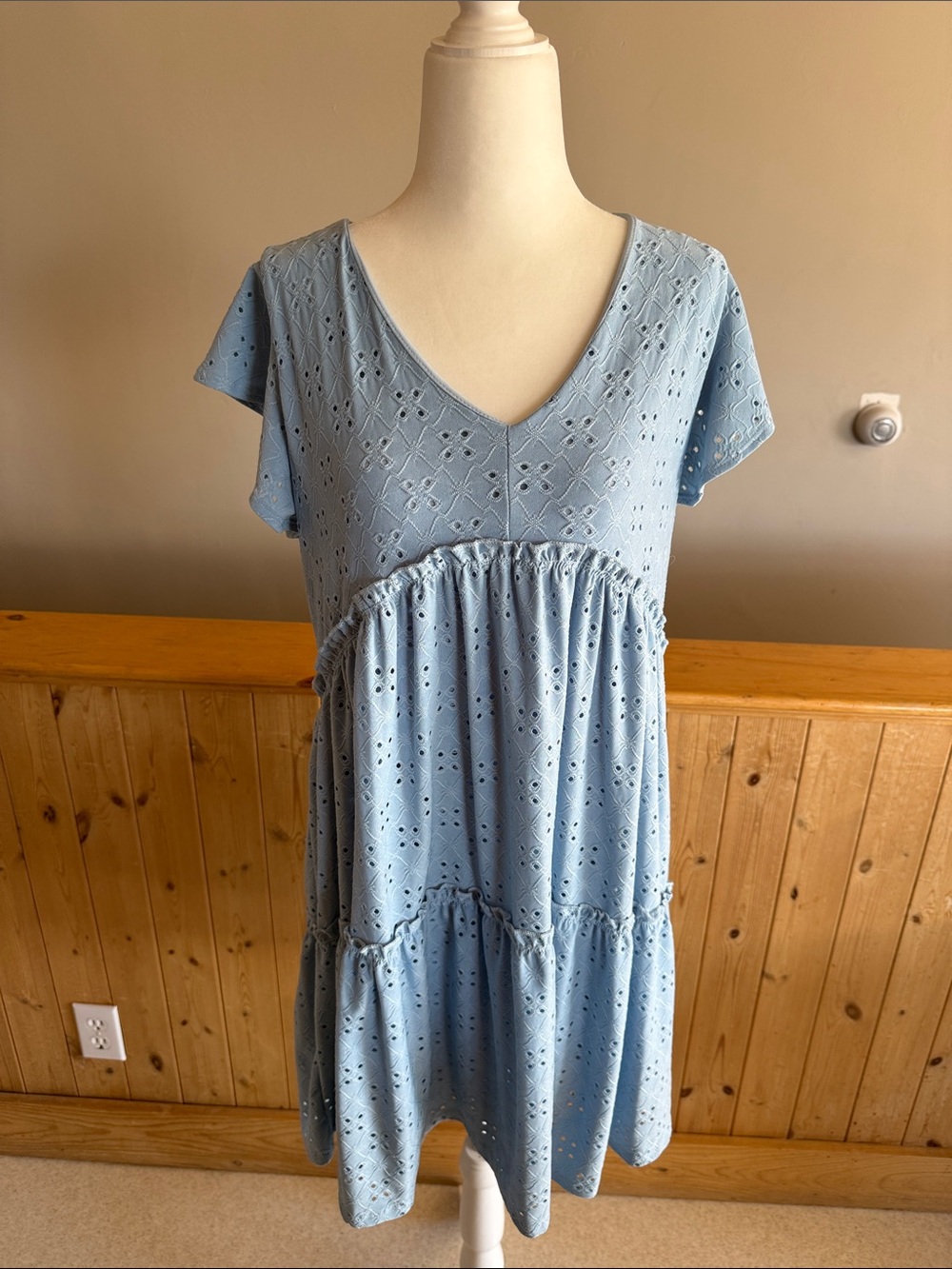 Altar'd State Light Blue Eyelet V-Neck Tiered Midi Dress